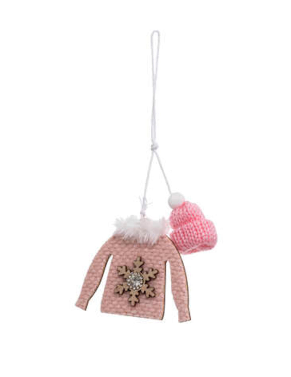 Détail du petit bonnet rose et du flocon de bois de la suspension pull de Noël pour sapin
