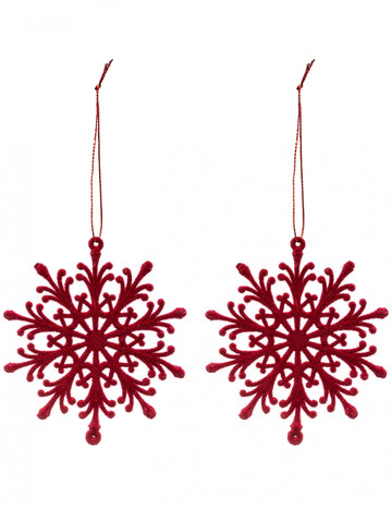 2 červené zamatové závesné lampy s vločkovým vzorom 9,5 cm na vianočný stromček