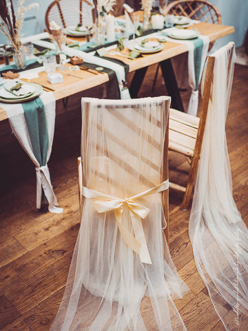 2 slonovinové závoje na stoličky a saténové stuhy, 2,6 x 1,6 m, elegantná svadba