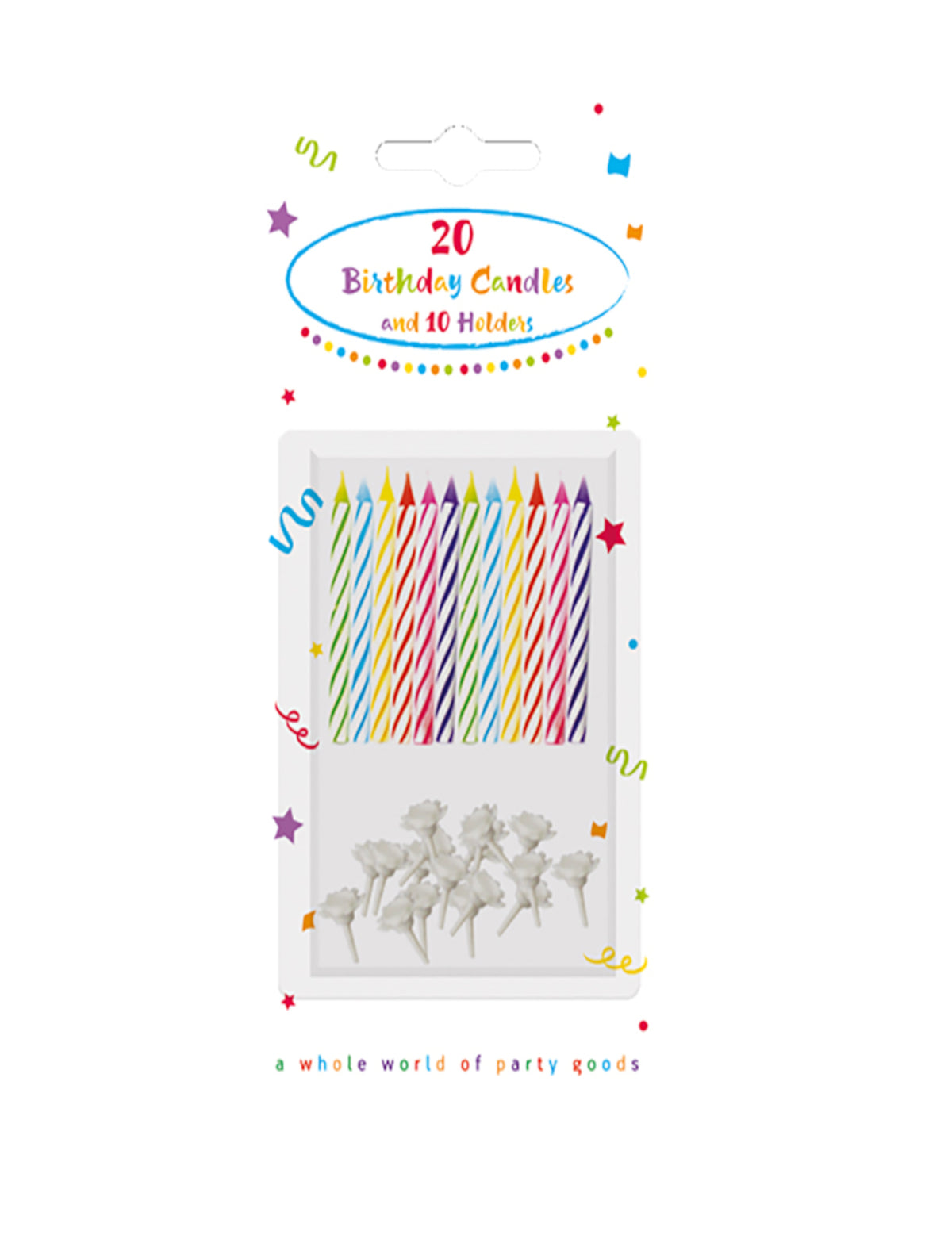 Vue du packaging des bougies pour gâteau d'anniversaire multicolores à rayures avec bobèches