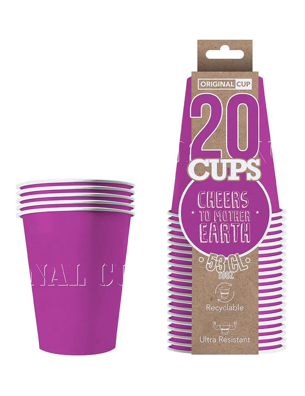 Vue de l'emballage des gobelets américains en carton recyclable violets