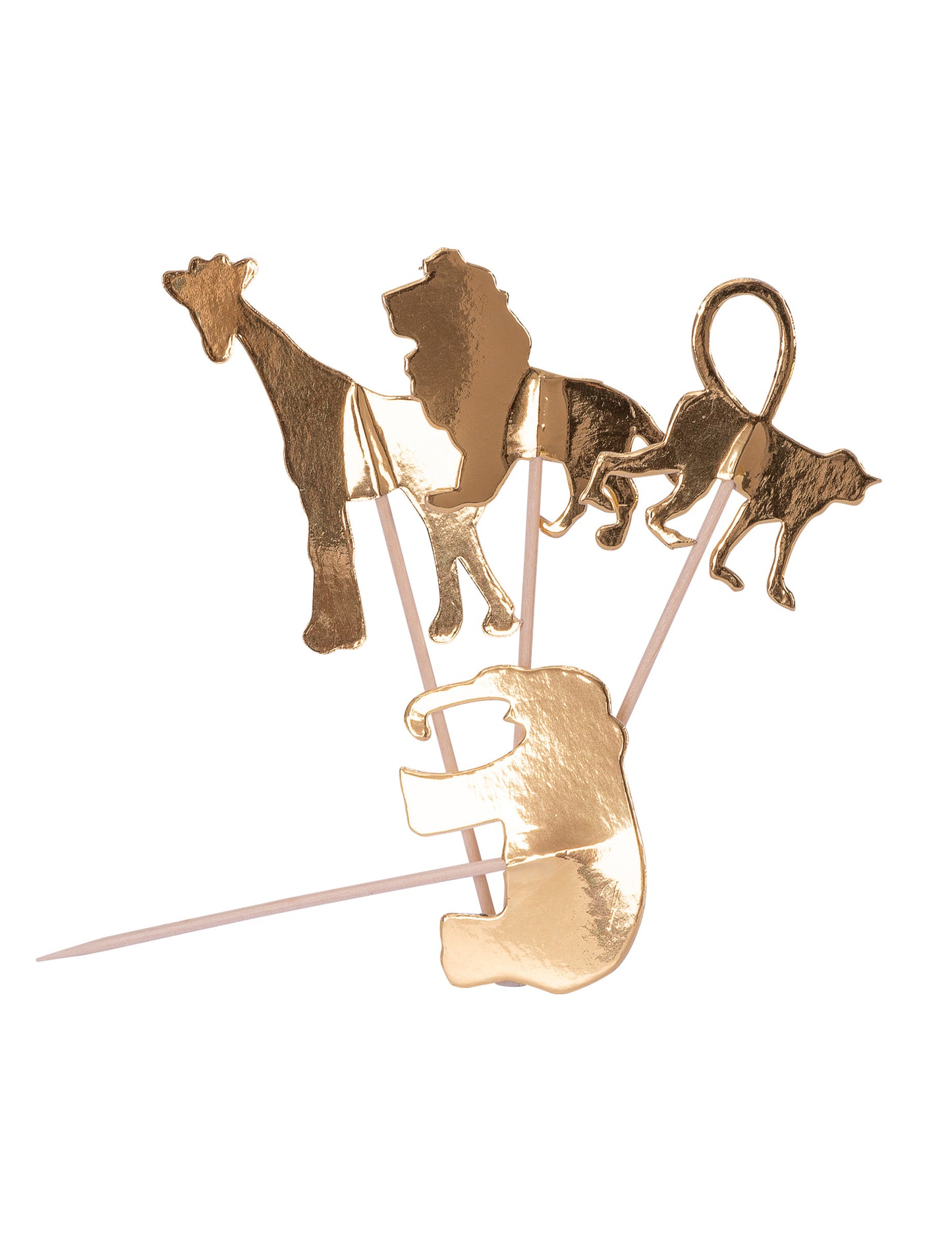 20 zlatých drevených krompáčov s motívom zvierat z džungle 12,5 cm na koláče