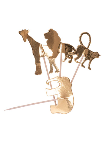 20 zlatých drevených krompáčov s motívom zvierat z džungle 12,5 cm na koláče