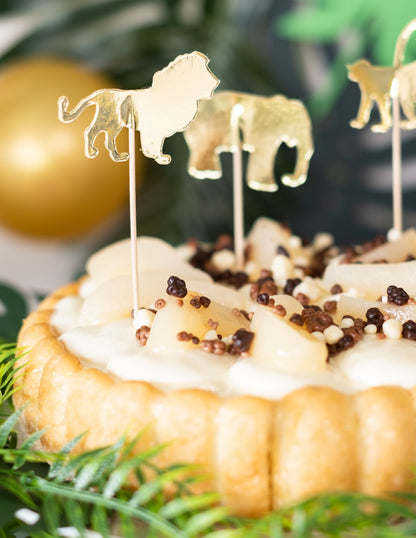 20 zlatých drevených krompáčov s motívom zvierat z džungle 12,5 cm na koláče