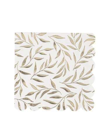 20 bielych a zlatých papierových koktailových obrúskov so vzorom vrúbkovaného lístia
