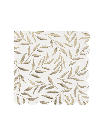 20 bielych a zlatých papierových koktailových obrúskov so vzorom vrúbkovaného lístia
