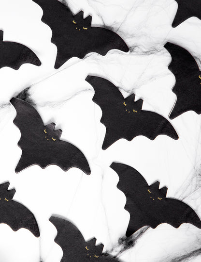 20 čierno-zlatých papierových obrúskov v tvare netopiera, 16 x 9 cm na Halloween