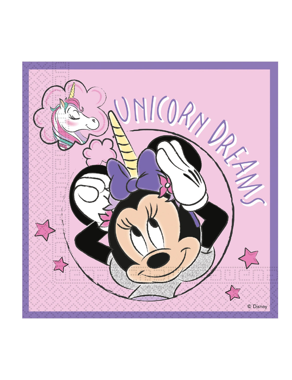 Serviettes en papier compostable Minnie Licorne pour enfant rose et violette