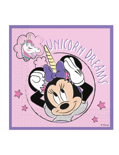 Serviettes en papier compostable Minnie Licorne pour enfant rose et violette