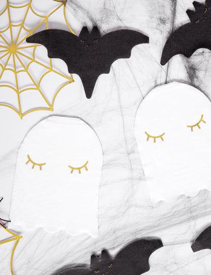 20 bielo-zlatých papierových obrúskov s motívom duchov 11 x 14 cm na Halloween