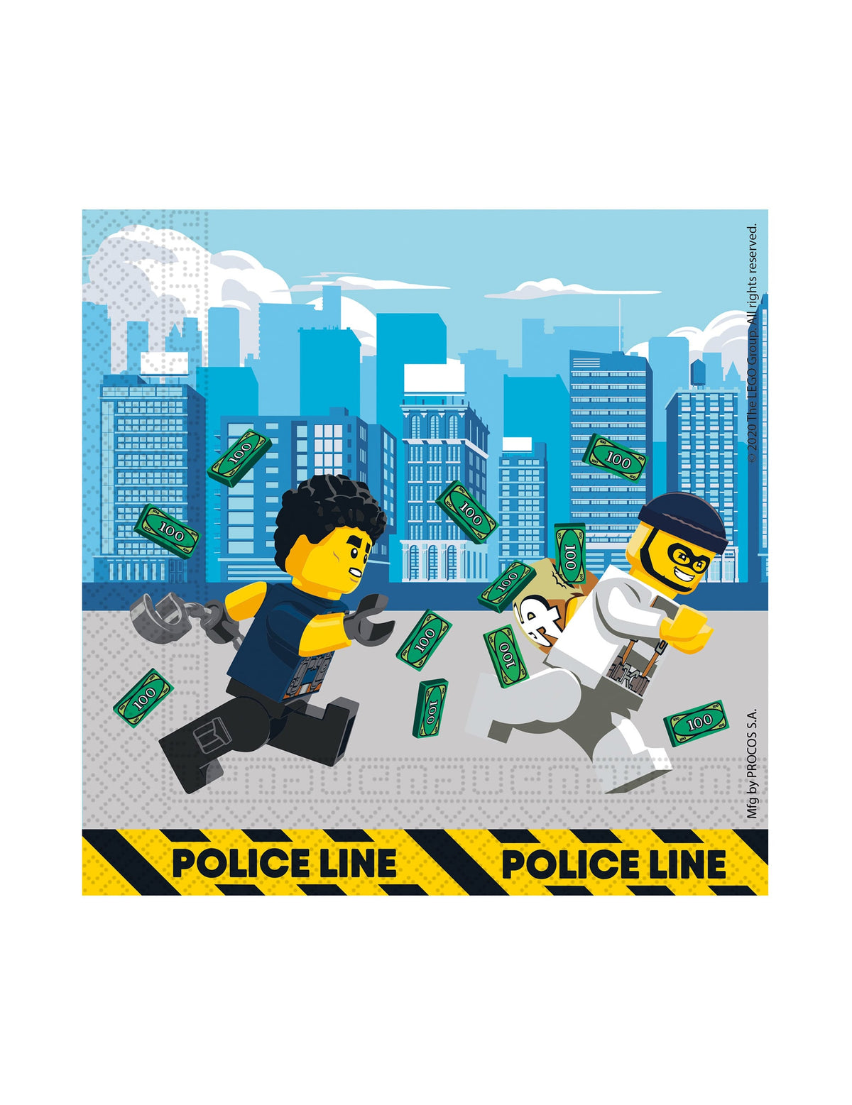Serviettes en papier Lego City bleues avec personnages de voleurs et billets de banque