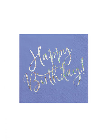20 dúhovo modrých papierových obrúskov s nápisom „Happy Birthday“, 33 x 33 cm cm levanduľovo modrá