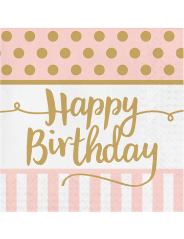 20 ružovo-zlatých papierových obrúskov k narodeninám, 33 x 33 cm na narodeniny