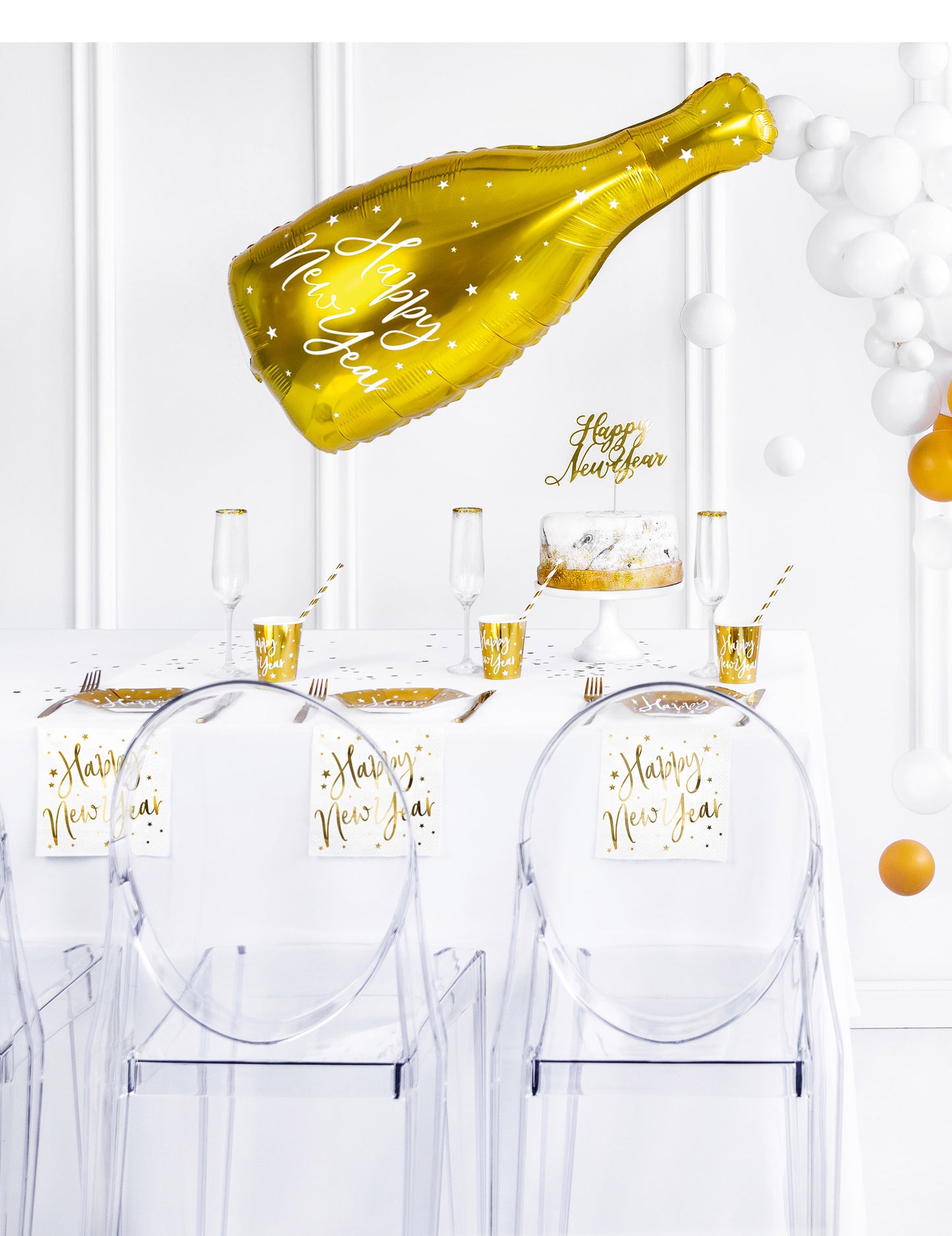 20 bielo-zlatých papierových obrúskov s nápisom Šťastný Nový rok, 33 x 33 cm cm hviezda