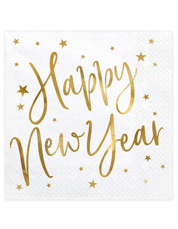 20 bielo-zlatých papierových obrúskov s nápisom Šťastný Nový rok, 33 x 33 cm cm hviezda