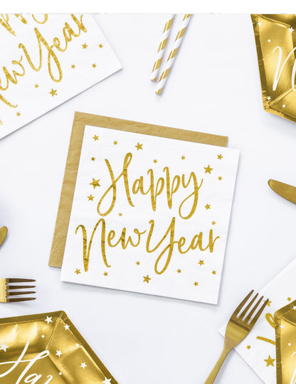 20 bielo-zlatých papierových obrúskov s nápisom Šťastný Nový rok, 33 x 33 cm cm hviezda
