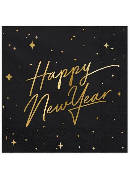 papierové obrúsky Happy New Year čierne a zlaté so hviezdnou dekoráciou