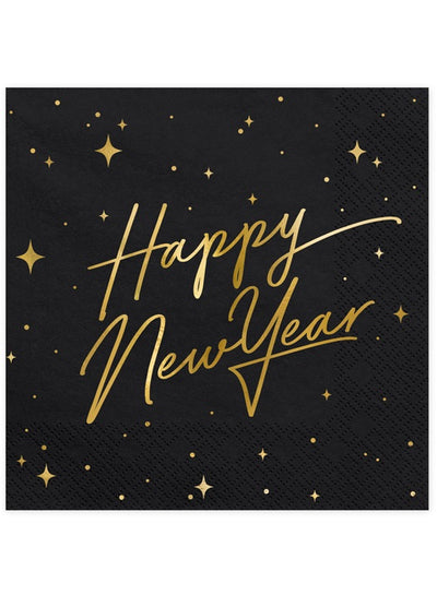 Serviettes en papier Happy New Year noires et dorées avec décor étoilé