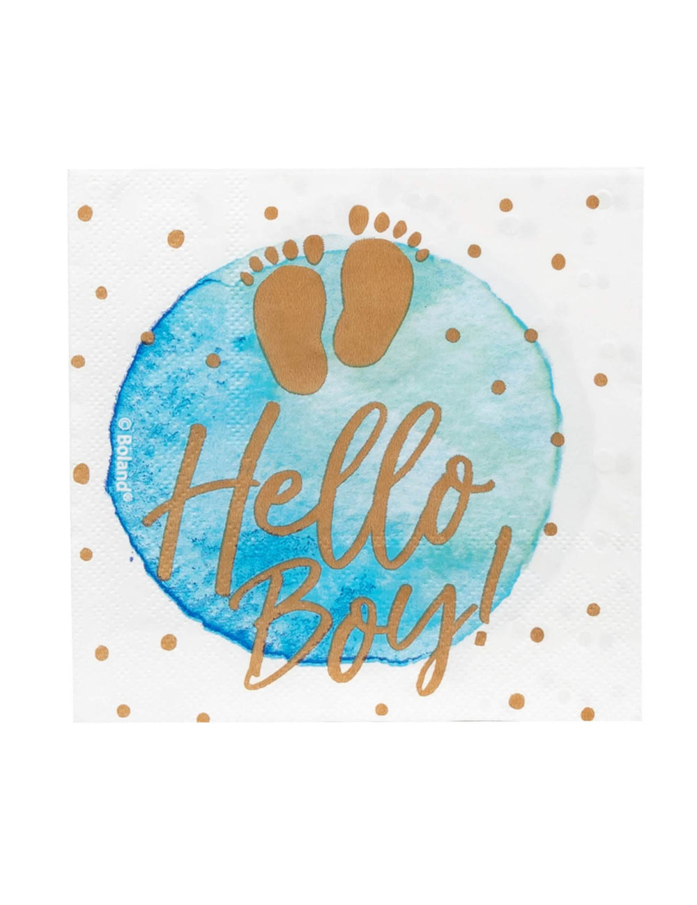 papierové obrúsky hello boy pre baby shower modrá a zlatá s odtlačkami nôh