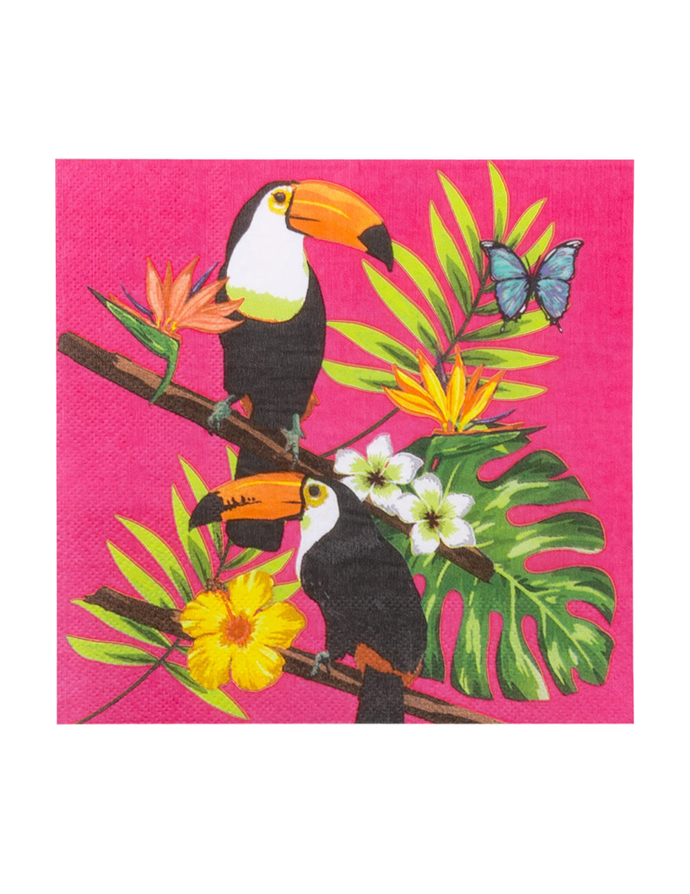 Gros plan sur l'imprimé tropical des serviettes en papier toucan fuchsia