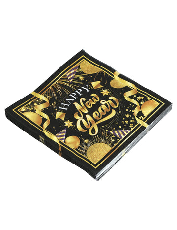 20 čierno-zlatých papierových obrúskov s nápisom Šťastný Nový rok, 33 x 33 cm