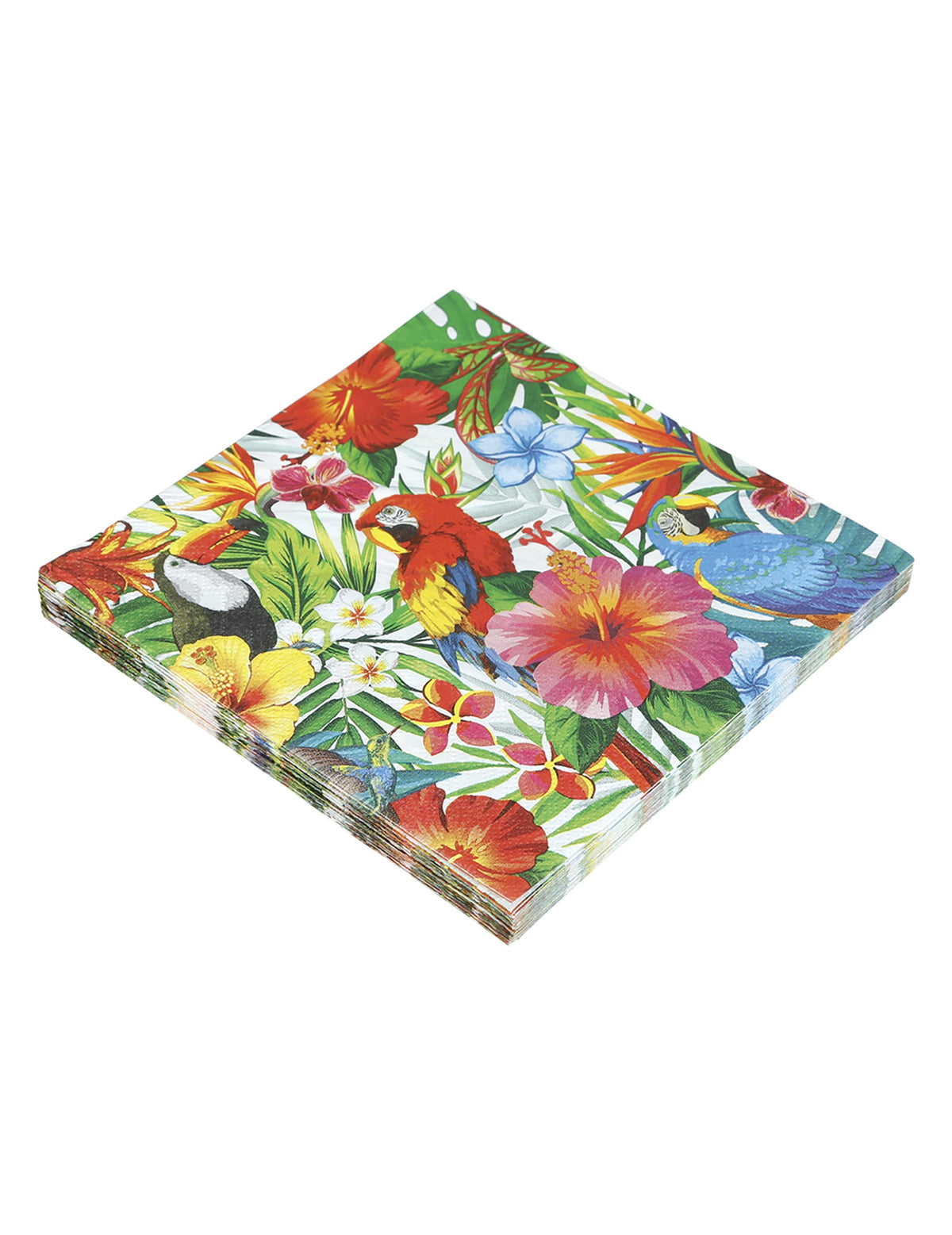 Vue de trois-quarts de la pile des serviettes oiseaux tropicaux