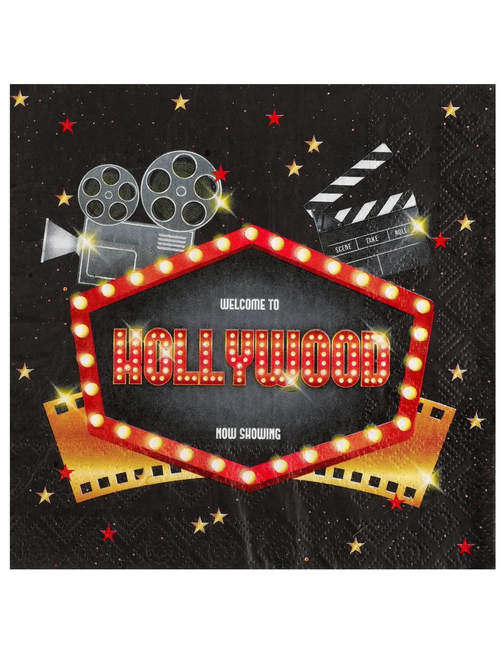 Papierové obrúsky hollywood na párty čierne s motívmi filmovej klapky a filmovej kamery