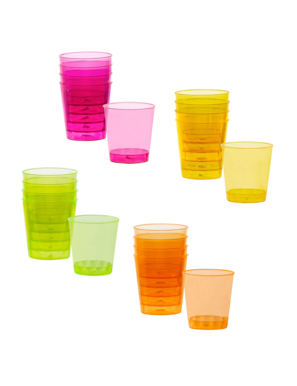 20 plastových shot pohárov v rôznych farbách na párty ružová žltá zelená a oranžová neón