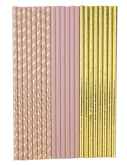 22 púdrovo ružových a zlatých kartónových slamiek 19,5 cm na narodeniny