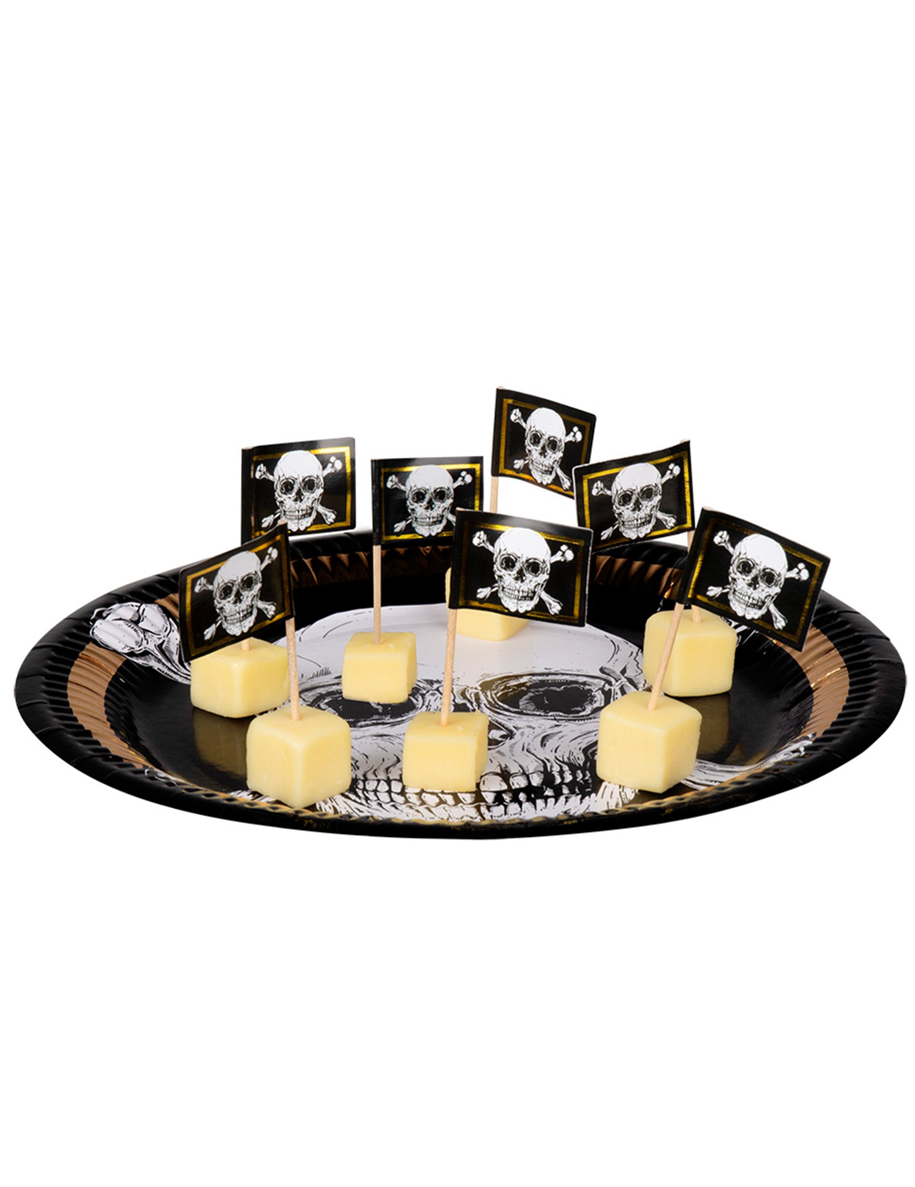 Mise en situation des pics en bois drapeau Pirate Jolly Roger