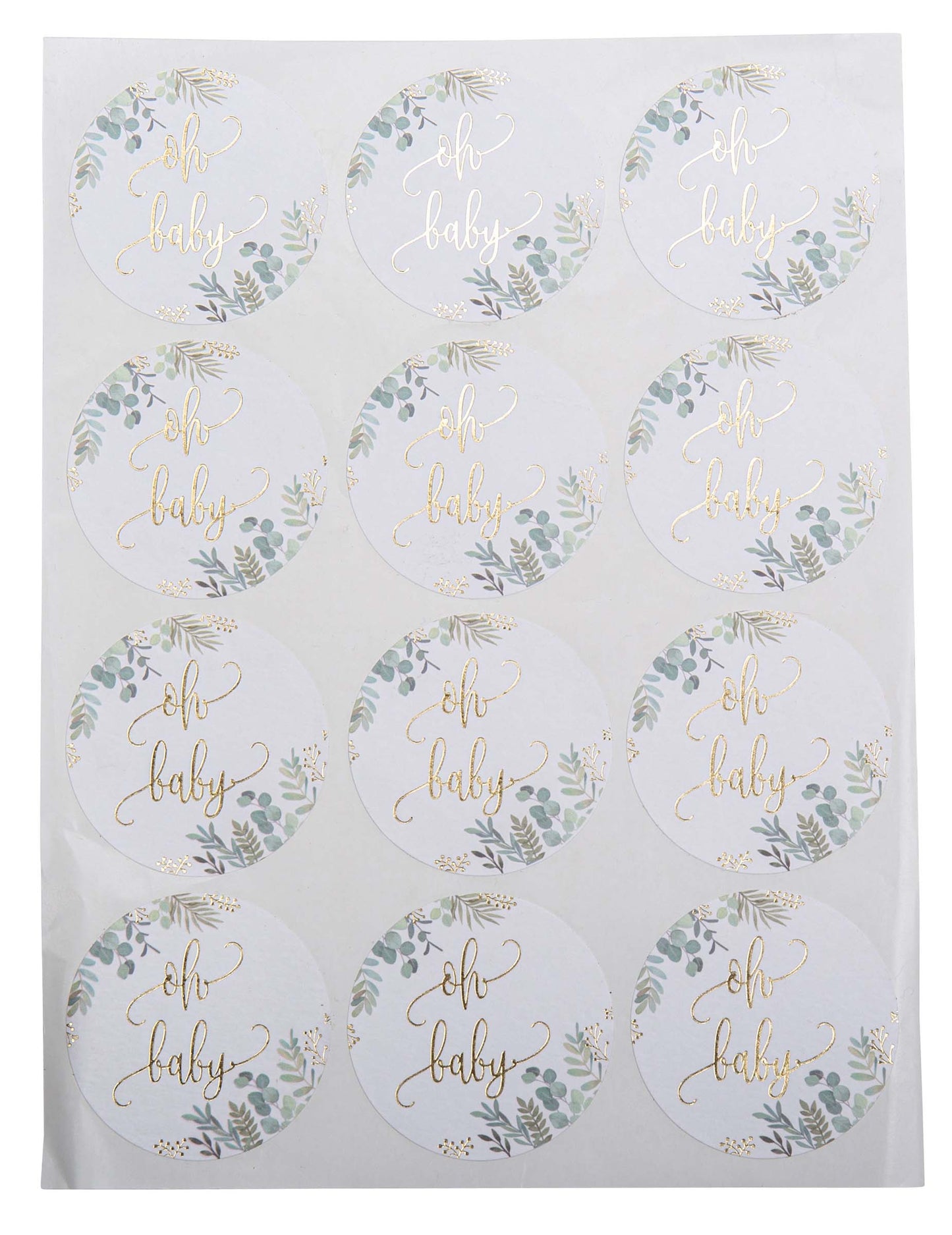 24 okrúhlych nálepiek s kvetinovým vzorom a zlatom „Oh Baby“ 5 cm