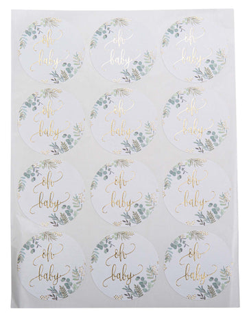 24 okrúhlych nálepiek s kvetinovým vzorom a zlatom „Oh Baby“ 5 cm