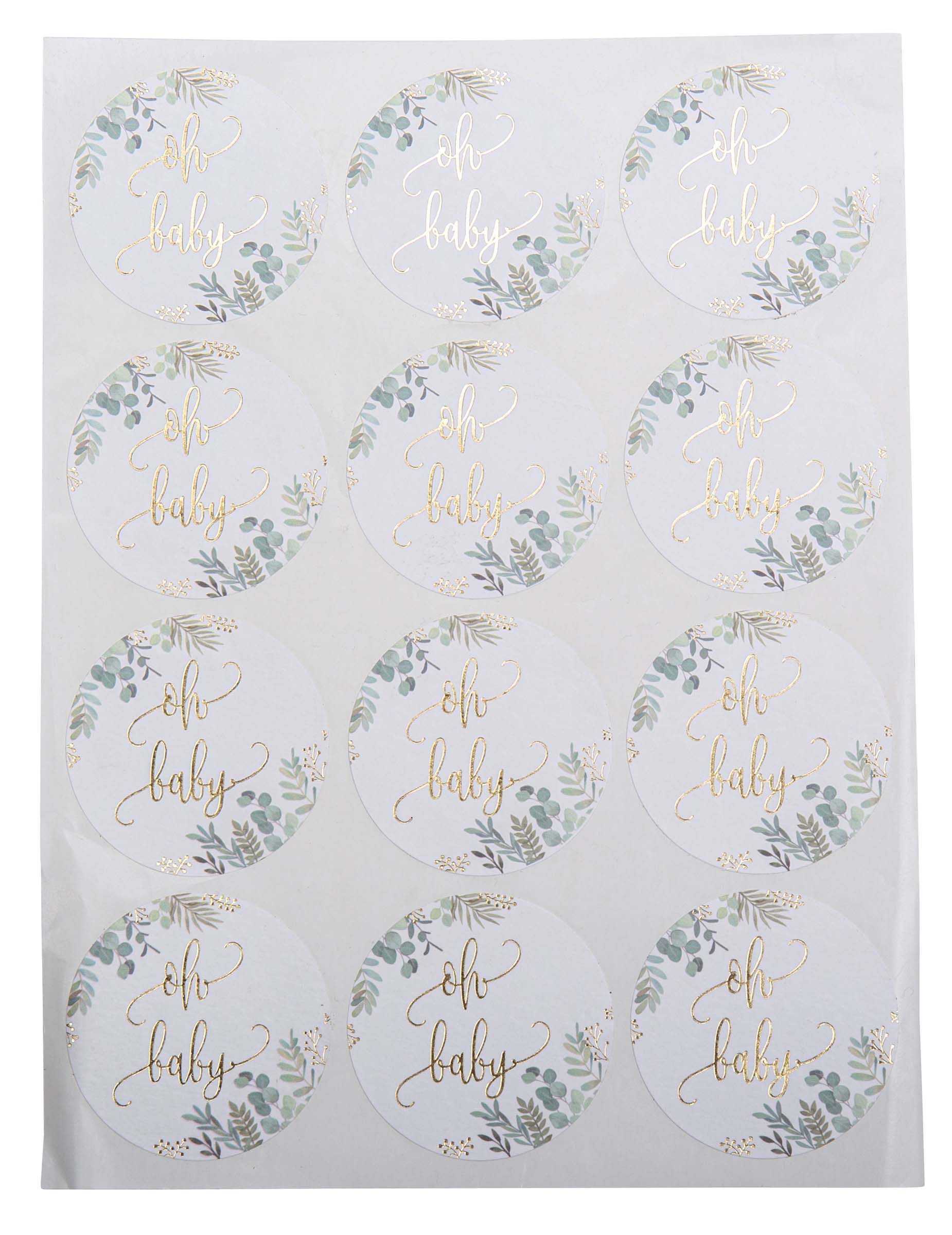 Stickers ronds Oh Baby végétal pour baby shower blanc et or avec motif feuillage