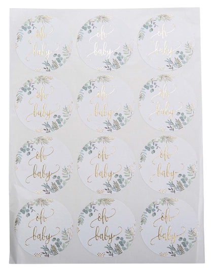 Stickers ronds Oh Baby végétal pour baby shower blanc et or avec motif feuillage