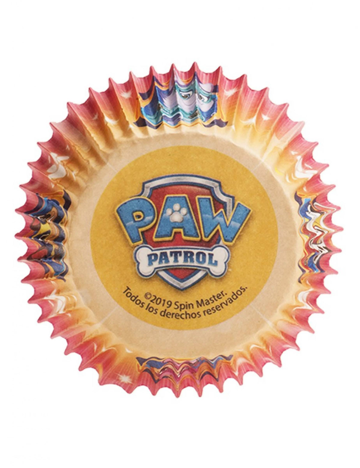 Pohľad zdola na papierové formy na cupcakes Pat Patrouille