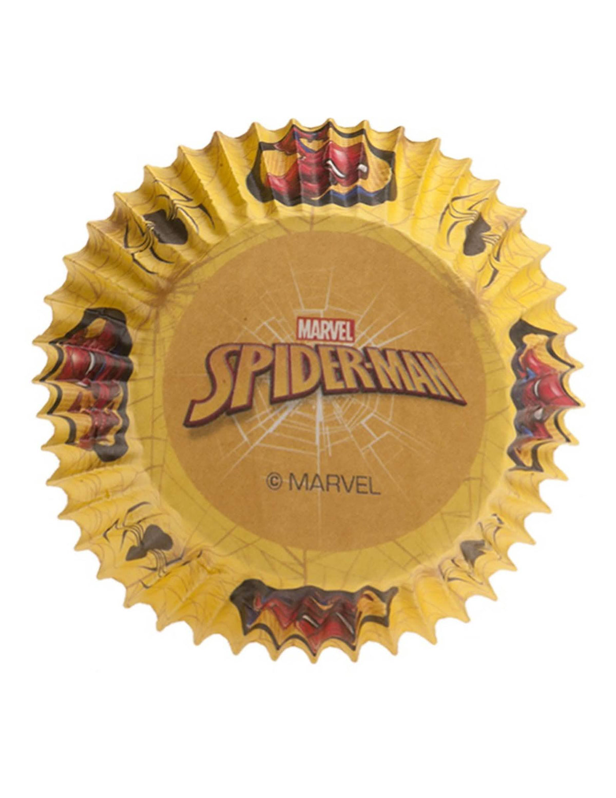 Detail loga pod pozadím papierových formičiek na cupcakes Spiderman