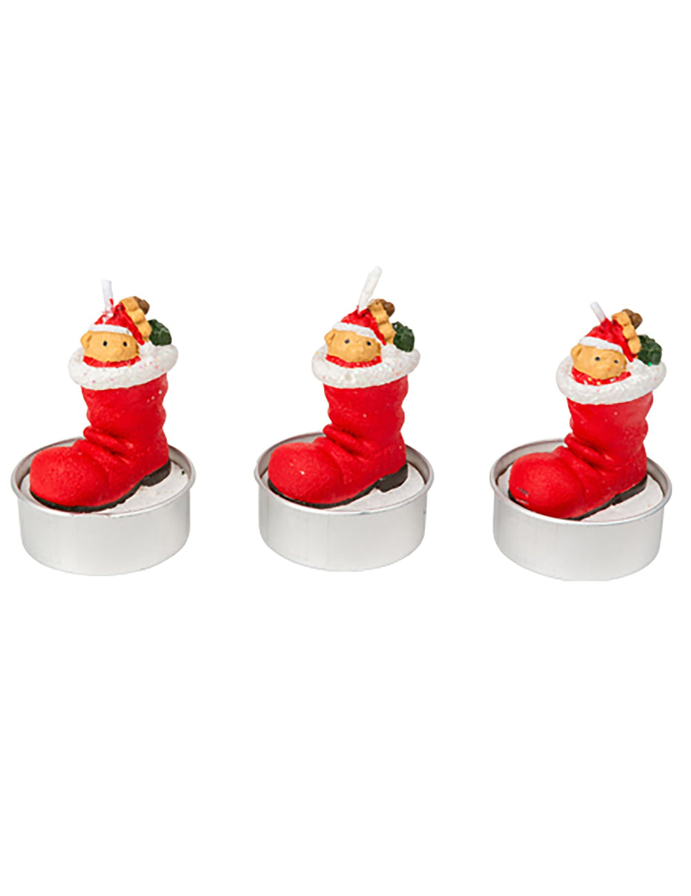 3 bougies botte du père noël avec ourson rouge et blanc