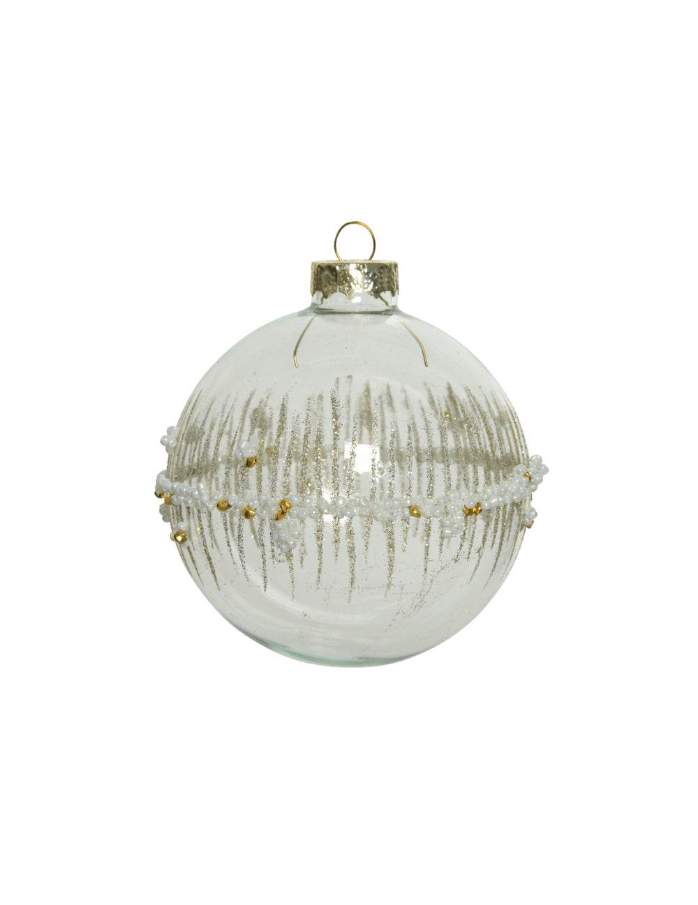 Boule de noël pour décoration en verre transparent avec paillettes or et perles