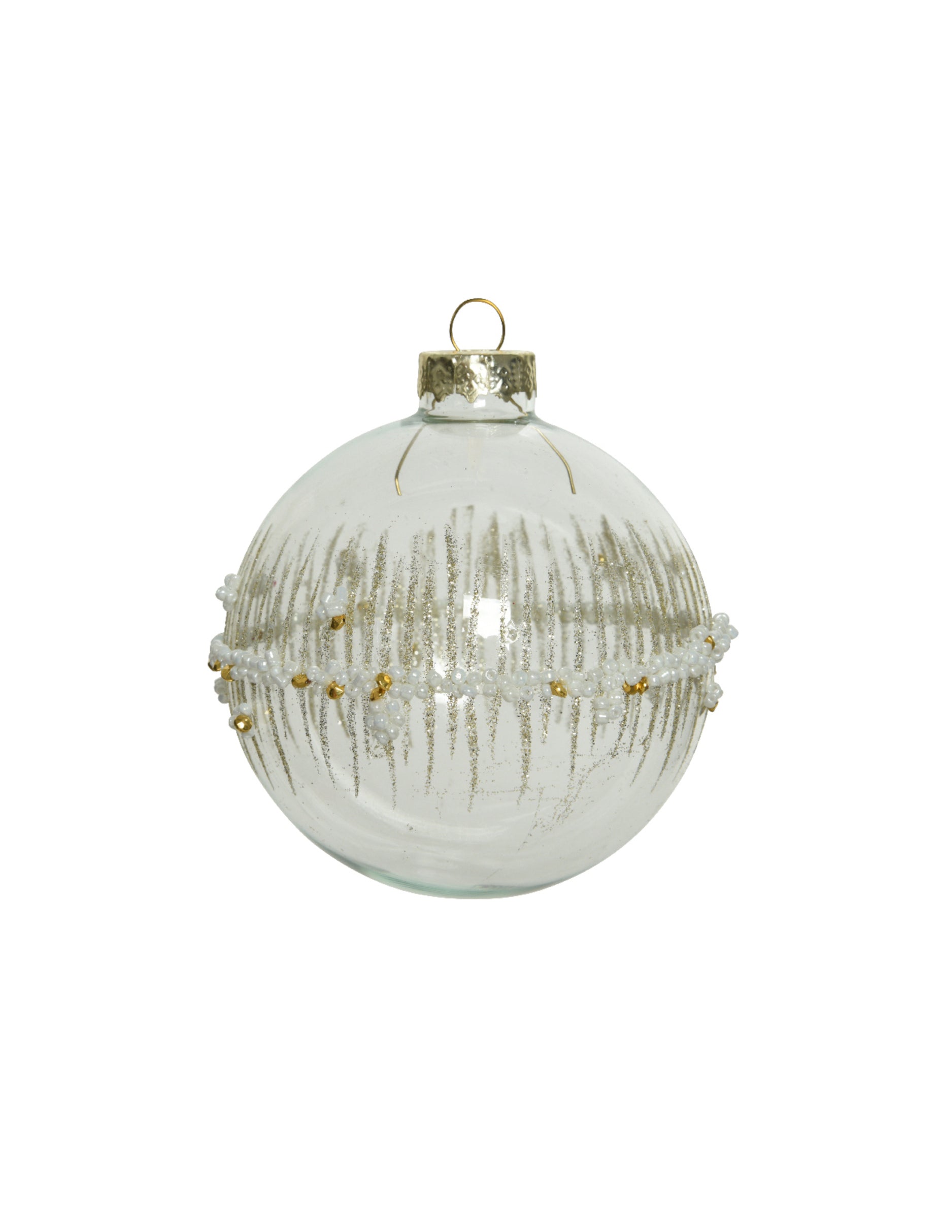 Boule de noël pour décoration en verre transparent avec paillettes or et perles