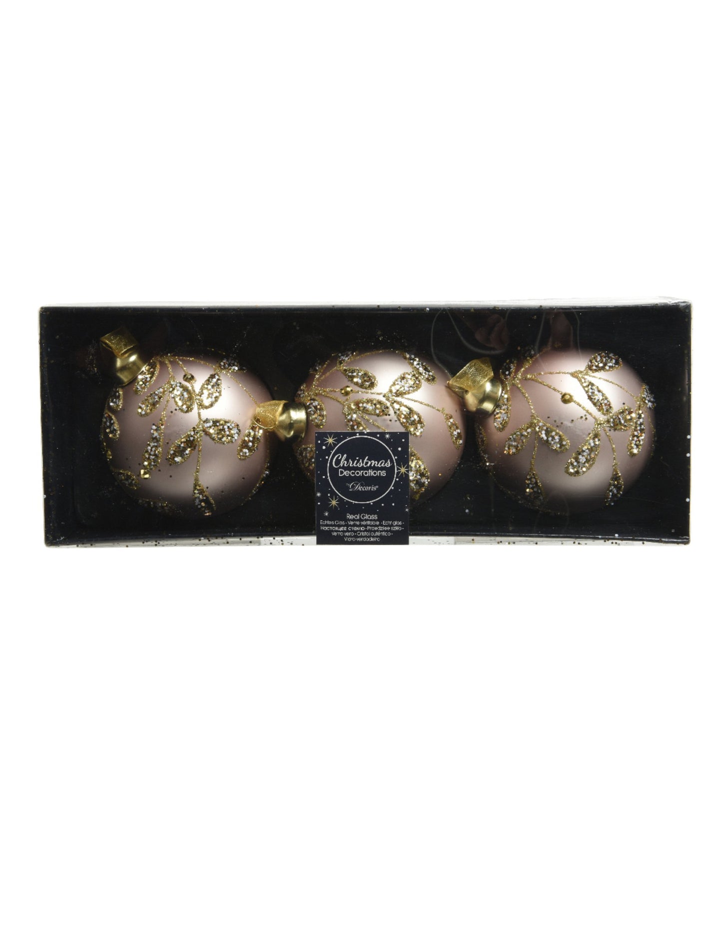 3 púdrovo ružové sklenené vianočné gule so zlatými lístkami 8 cm flitrovaný