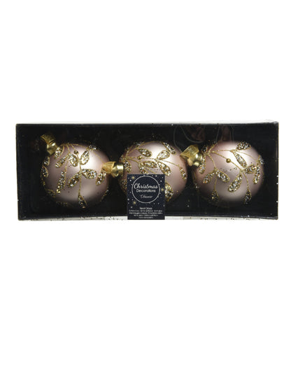 3 púdrovo ružové sklenené vianočné gule so zlatými lístkami 8 cm flitrovaný