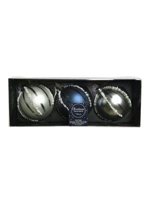 Boîte de présentation des boules de Noël en verre avec perles bleu marine et argent effet nacré
