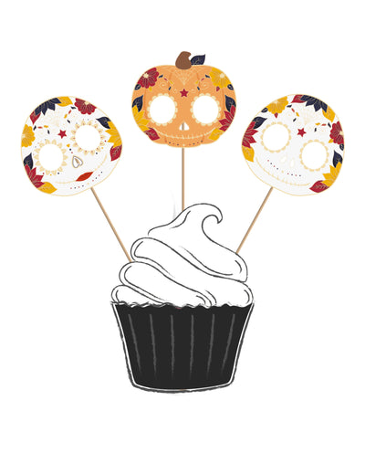 3 cake toppers en bois Dia de los Muertos calaveras et citrouille blanc et orange