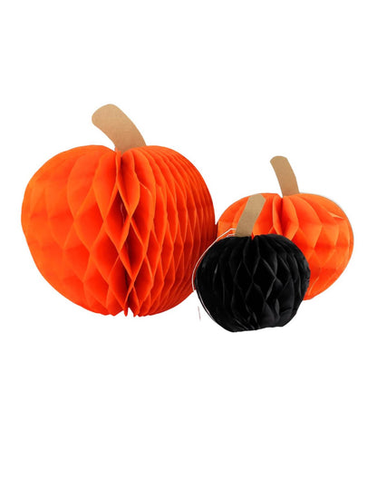 3 oranžové a čierne tekvice z voštinového papiera 10 cm 13 cm a 18 cm