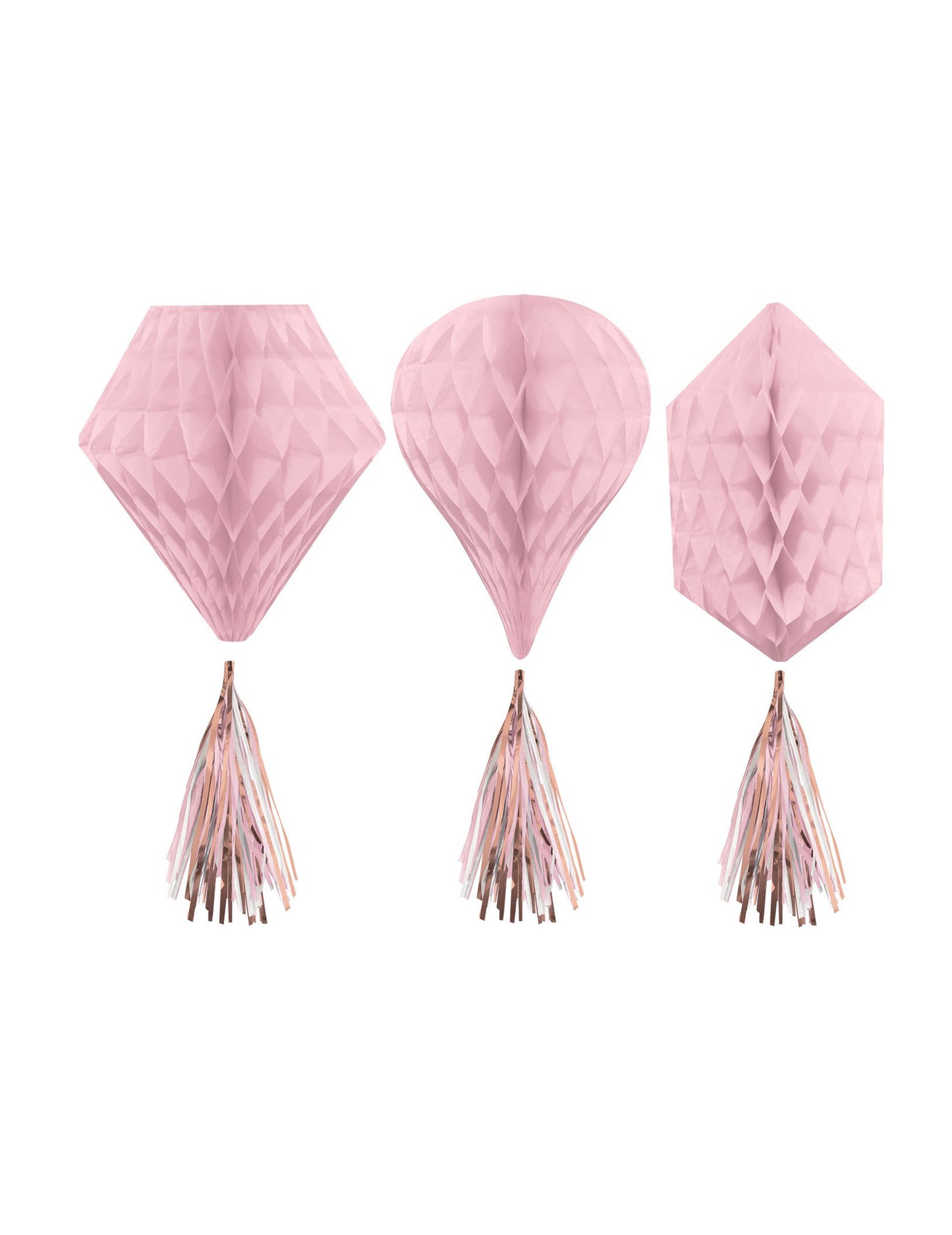 3 závesné papierové dekorácie s ružovo-zlatými plástmi 30 cm s brmbolcami