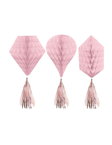 3 závesné papierové dekorácie s ružovo-zlatými plástmi 30 cm s brmbolcami