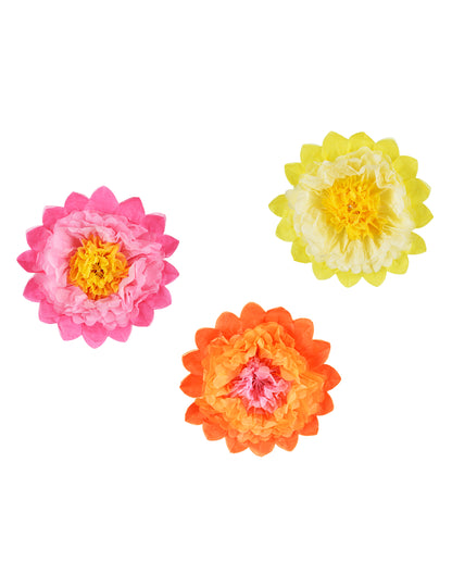 3 veľké obrovské papierové kvety v ružovej, žltej a oranžovej farbe 35 cm zavesiť