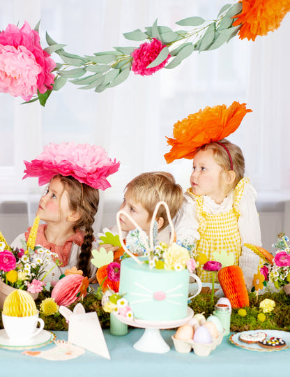 3 veľké obrovské papierové kvety v ružovej, žltej a oranžovej farbe 35 cm zavesiť