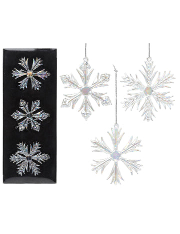 3 dúhové sklenené snehové vločky na zavesenie 7 cm pre jedľu