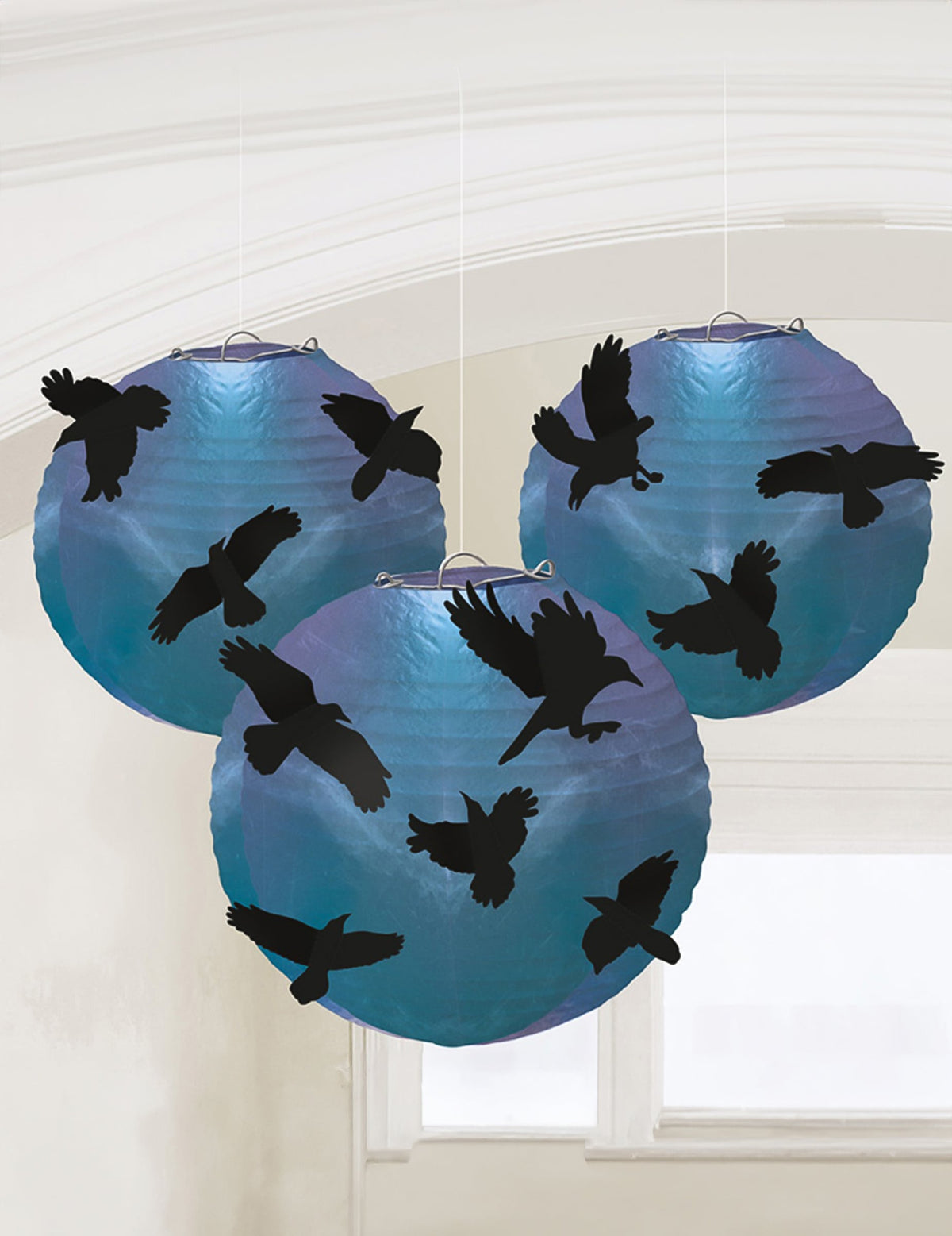 Lanternes corbeaux Boneshine fever pour Halloween bleu et violet avec silhouettes noires
